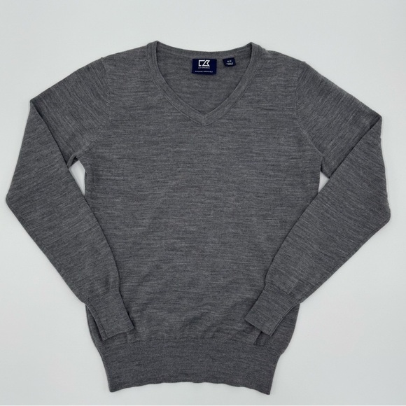 Cutter & Buck Merino Wool Gray V-Neck Sweater Medium Golf Preppy Machine Wash - Picture 3 of 11